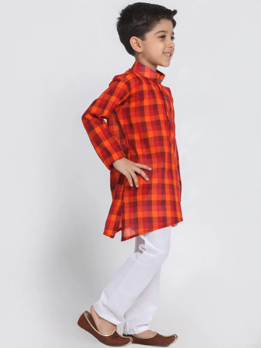 Jashvi Boys' Red Cotton Kurta and Pyjama Set