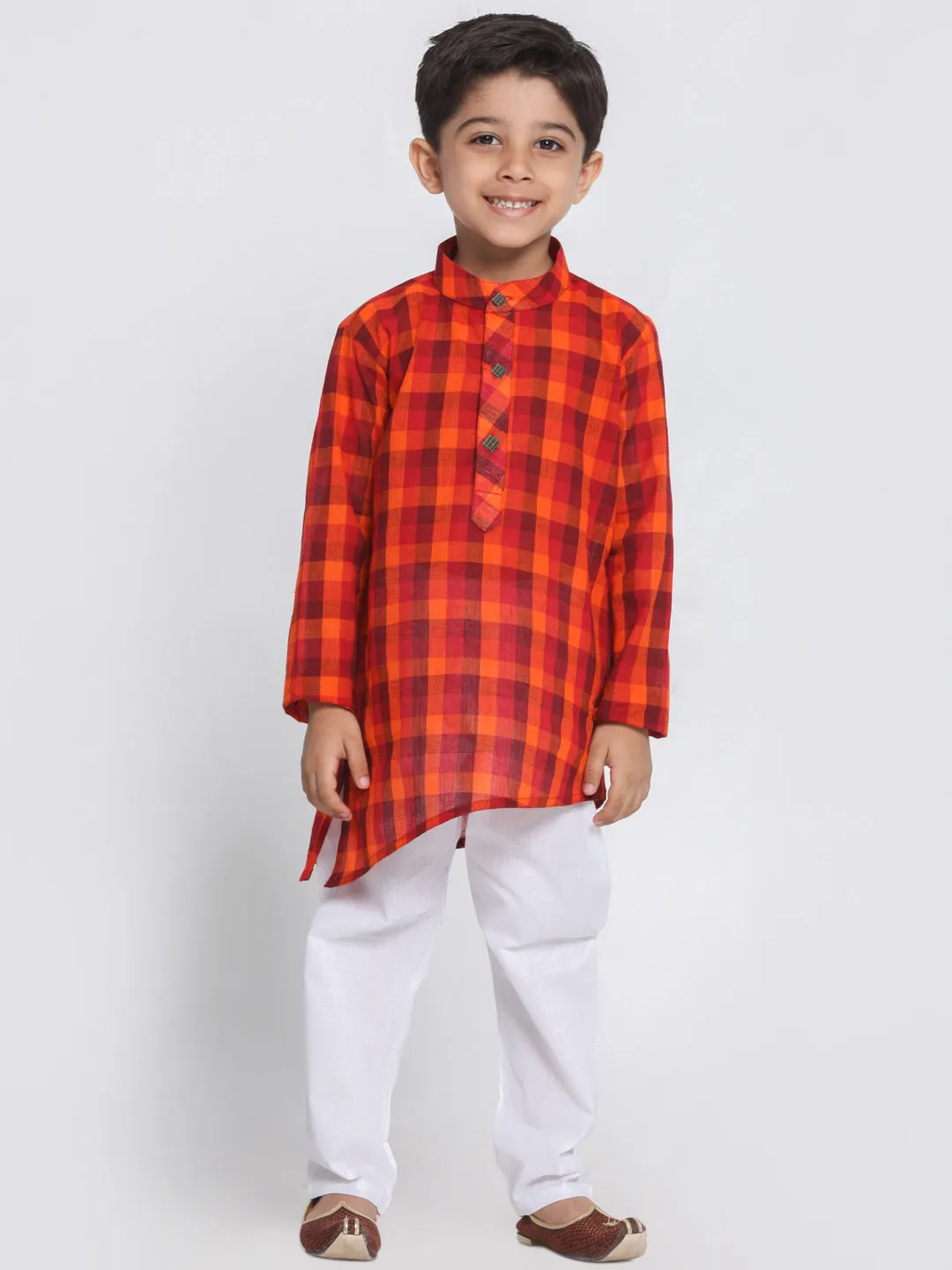 Jashvi Boys' Red Cotton Kurta and Pyjama Set