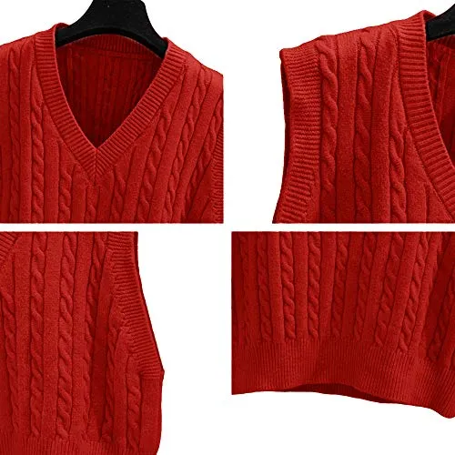 Lailezou Women's V-Neck Knit Sweater Vest Solid Color Argyle Plaid Preppy Style Sleeveless Crop Knit Vest Red