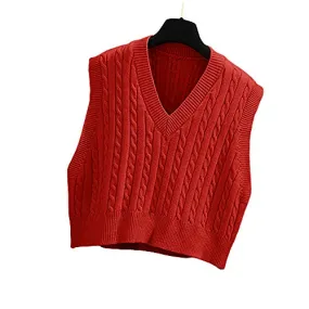 Lailezou Women's V-Neck Knit Sweater Vest Solid Color Argyle Plaid Preppy Style Sleeveless Crop Knit Vest Red