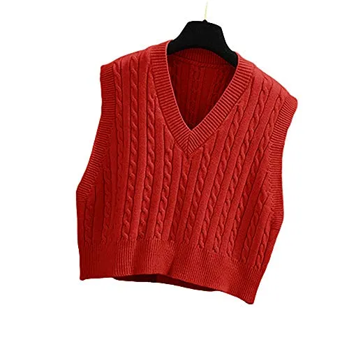 Lailezou Women's V-Neck Knit Sweater Vest Solid Color Argyle Plaid Preppy Style Sleeveless Crop Knit Vest Red
